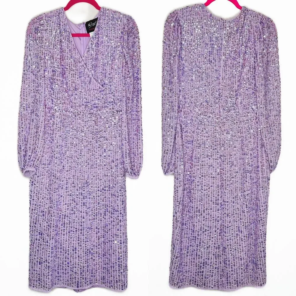 Mac Duggal Sequin Illusion Long Puff Sleeve 107641 Evening Tea Length Midi Dress - Picture 3 of 16